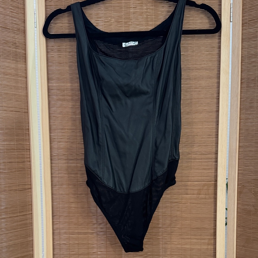 faux leather, Sleek Black One-Piece Bodysuit